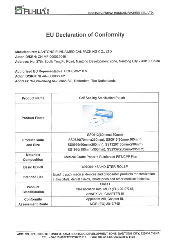 EU DOC (önpecsételés sterilizáló tasak)